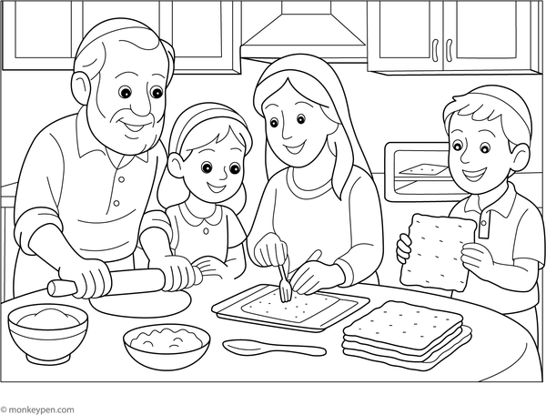  Printable coloring page of families baking matzo bread together during Passover, highlighting a joyful tradition.


