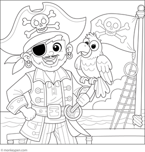 Engaging pirate captain coloring page featuring a smiling captain with a friendly parrot on his shoulder for children to enjoy.