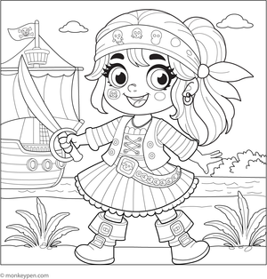 Cute pirate girl coloring page wearing a bandana and holding a small treasure map for children.
