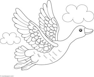  A goose soaring through the sky with wings extended, designed as a printable coloring page for children.