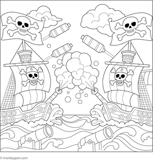 Action-packed pirate ship coloring page depicting two ships exchanging cannon fire during a sea battle.
