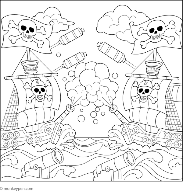 Action-packed pirate ship coloring page depicting two ships exchanging cannon fire during a sea battle.
