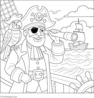  Pirate captain coloring page gazing through a spyglass from the ship deck.
