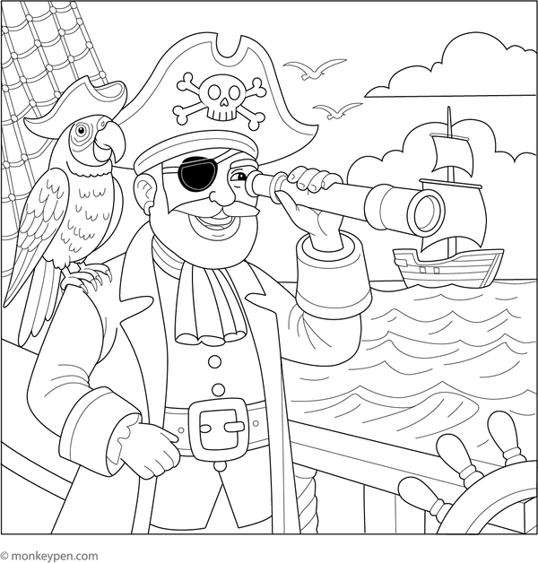  Pirate captain coloring page gazing through a spyglass from the ship deck.
