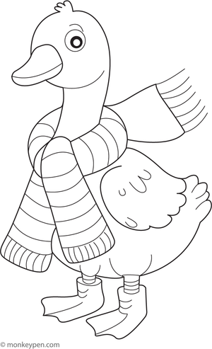  Adorable goose dressed in a cozy scarf in a fun, kid-friendly coloring page.
