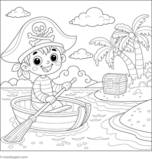  Pirate standing on Treasure Island holding a map, surrounded by palm trees, sand, and hidden treasure in a kid-friendly coloring page.