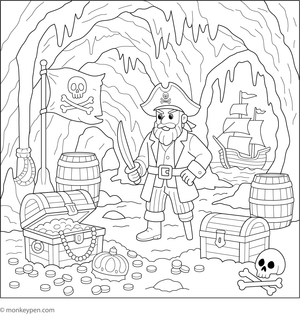  Hidden pirate cave filled with treasure, lanterns, and wooden barrels, designed as an engaging printable coloring page for children.
