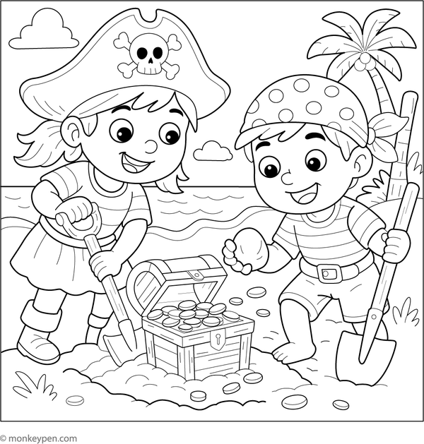  Two pirate children digging for treasure with shovels on a sandy beach, a playful printable coloring page.
