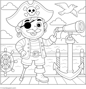  Pirate with a peg leg and hook hand standing confidently with a treasure map, suitable for kids to color.
