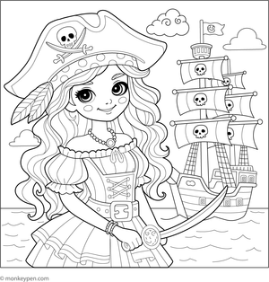  Pirate queen wearing a crown and holding a sword aboard her ship, suitable for children to color.
