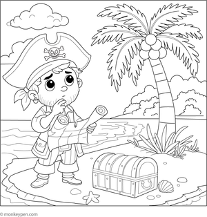  Pirate stranded on a deserted island with a palm tree, bottle, and treasure chest, designed for children to color.
