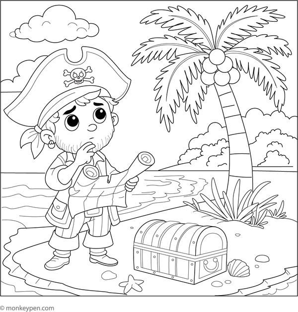  Pirate stranded on a deserted island with a palm tree, bottle, and treasure chest, designed for children to color.
