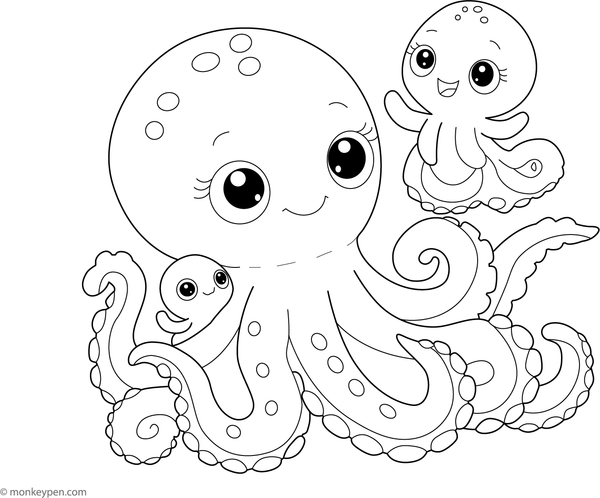 A heartfelt coloring page of a mother and baby octopus, perfect for children exploring ocean animals; available as a free download.  

