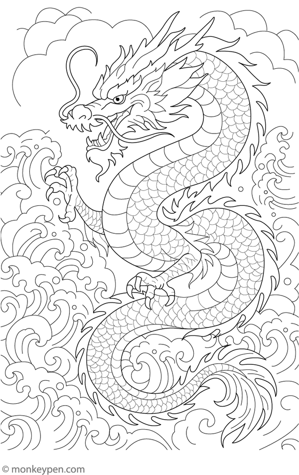  Japanese-style dragon and ocean waves coloring page featuring bold lines suitable for kids and teens to color.