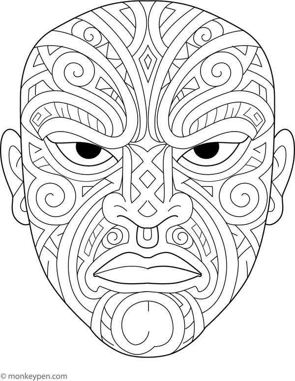  Maori tribal face mask coloring page with bold patterns and symmetrical designs.
