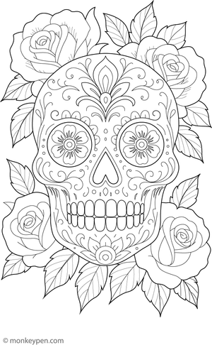 Sugar skull with roses coloring page inspired by Día de los Muertos designs.
