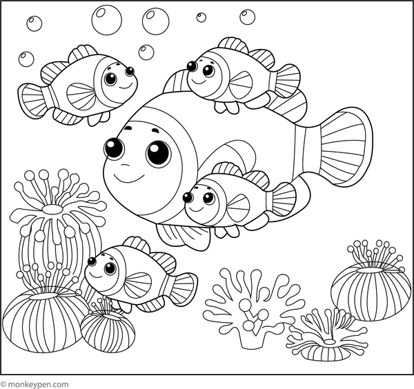 Coloring page of a clownfish family swimming together in the ocean.
