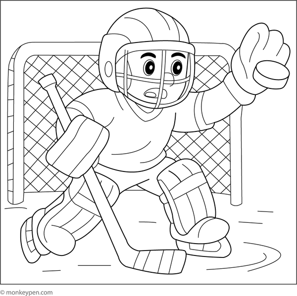 A Goalie making a save against an incoming puck on the ice, available as a printable hockey coloring sheet for children.

