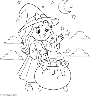  Child-appropriate coloring page of a witch stirring a bubbling cauldron, available for download and coloring.
