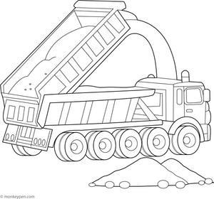 A large dump truck hauling dirt and rocks, designed for educational and recreational coloring.
