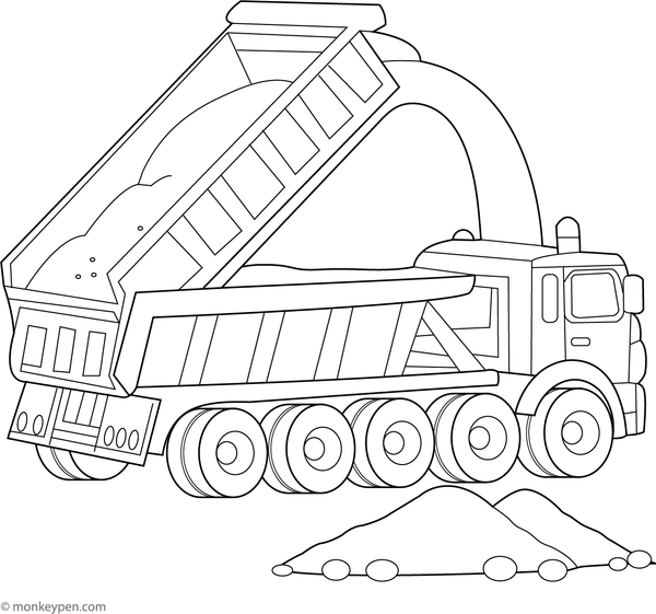 A large dump truck hauling dirt and rocks, designed for educational and recreational coloring.
