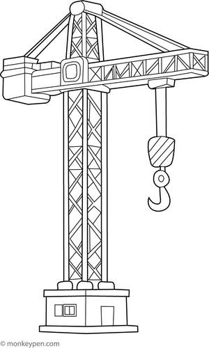 A tall tower crane lifting materials at a construction site, designed for children to color.