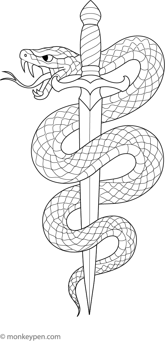  Tattoo-style coloring page of a snake coiled around a dagger with detailed scales and sharp features.
