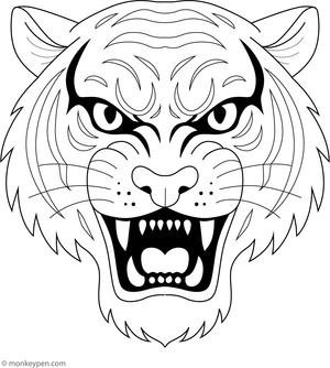  Detailed tiger face coloring page with bold stripes and expressive eyes.
