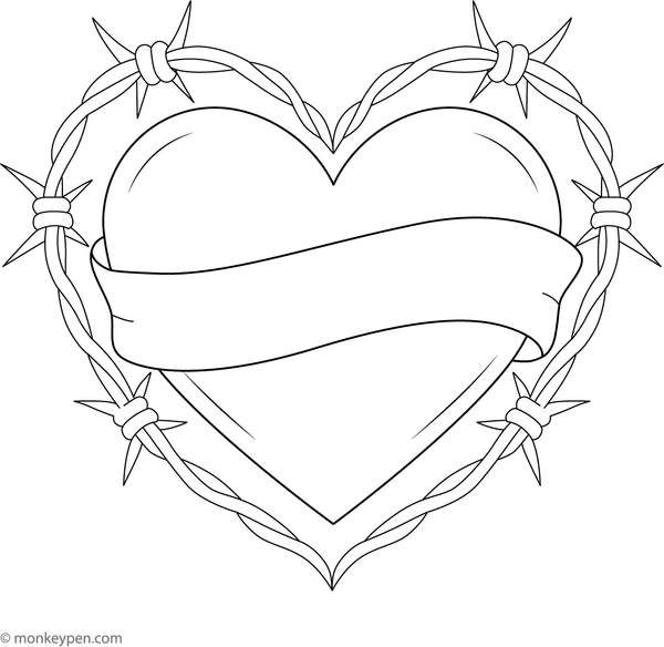  Heart wrapped in barbed wire coloring page with bold outlines suitable for kids.
