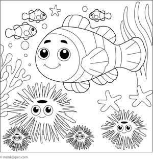  Coloring page of a clownfish swimming near round sea urchins on the ocean floor.
