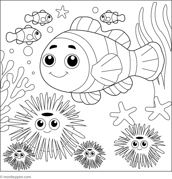  Coloring page of a clownfish swimming near round sea urchins on the ocean floor.
