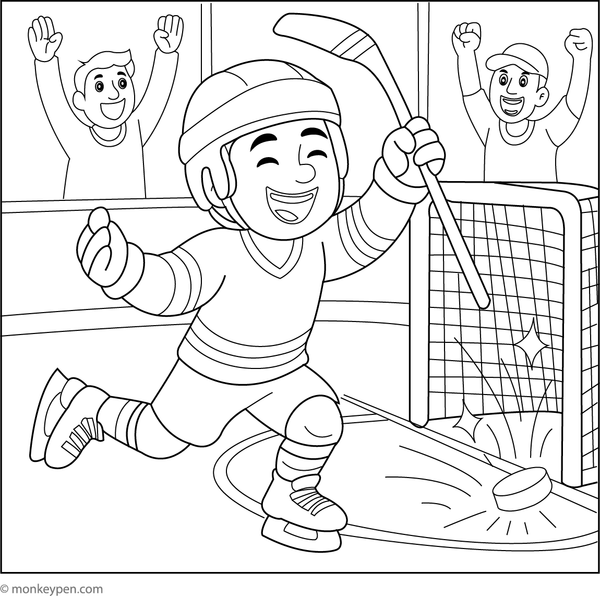 A player celebrating a goal with an enthusiastic crowd in the background, fun printable hockey coloring sheet for children.
