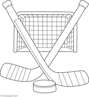 Two crossed hockey sticks with a puck in the center, simple printable coloring page for children.
