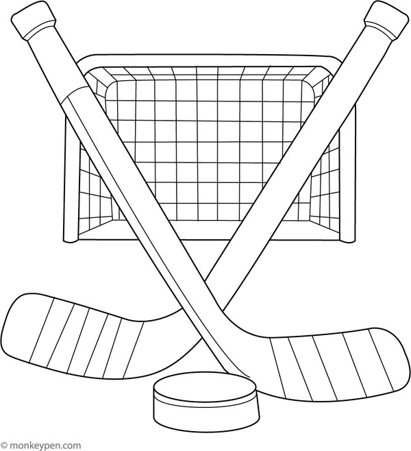 Two crossed hockey sticks with a puck in the center, simple printable coloring page for children.
