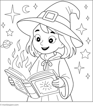  Adorable witch reading a spellbook, designed as a downloadable coloring page for children.
