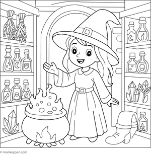  Cheerful coloring page depicting a witch’s potion shop filled with bottles and magical items.
