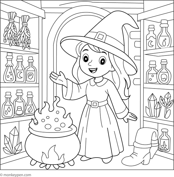  Cheerful coloring page depicting a witch’s potion shop filled with bottles and magical items.
