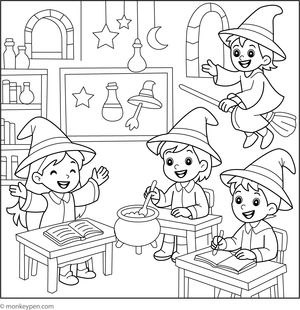  Fun witch school classroom scene suitable for children’s Halloween coloring pages.
