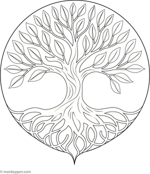  Coloring page of a Tree of Life tattoo design featuring spreading branches and roots.
