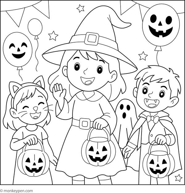  Playful witch participating in a Halloween celebration, ideal for children's printable coloring activities.

