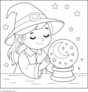  Child-friendly coloring page of a witch observing a glowing crystal ball.
