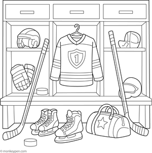 A hockey locker room scene with equipment, skates, and jerseys, printable for children’s coloring activities.
