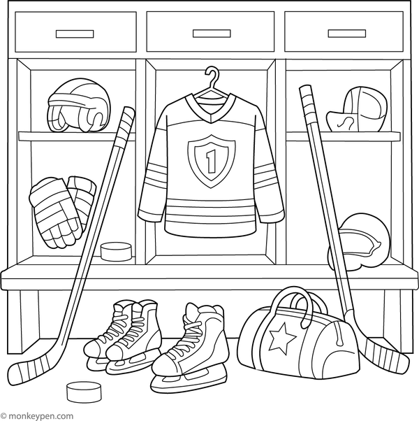 A hockey locker room scene with equipment, skates, and jerseys, printable for children’s coloring activities.
