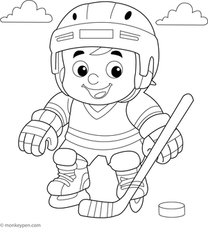 A cute small hockey player holding a stick on the ice, adorable printable coloring sheet for young children.
