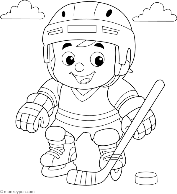 A cute small hockey player holding a stick on the ice, adorable printable coloring sheet for young children.
