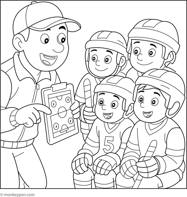 A hockey coach guiding young players before a match, printable coloring page for children.
