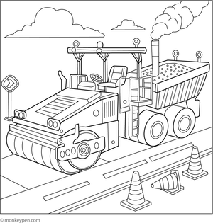  An asphalt paver applying a new surface, designed for children to color and explore road construction.
