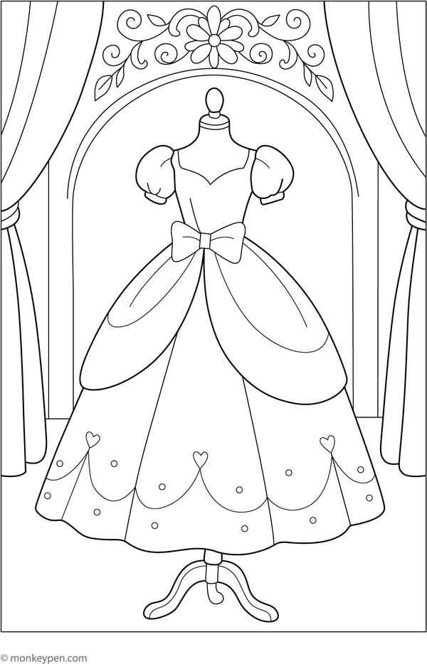 Elegant ball gown displayed on a dress mannequin, suitable for children to color with imaginative princess fashion ideas.