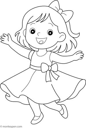  Cheerful young girl spinning playfully in a cute party dress for children to color.