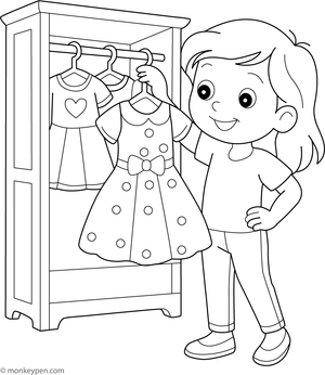 Child selecting a dress from her wardrobe, surrounded by clothes and accessories to color.